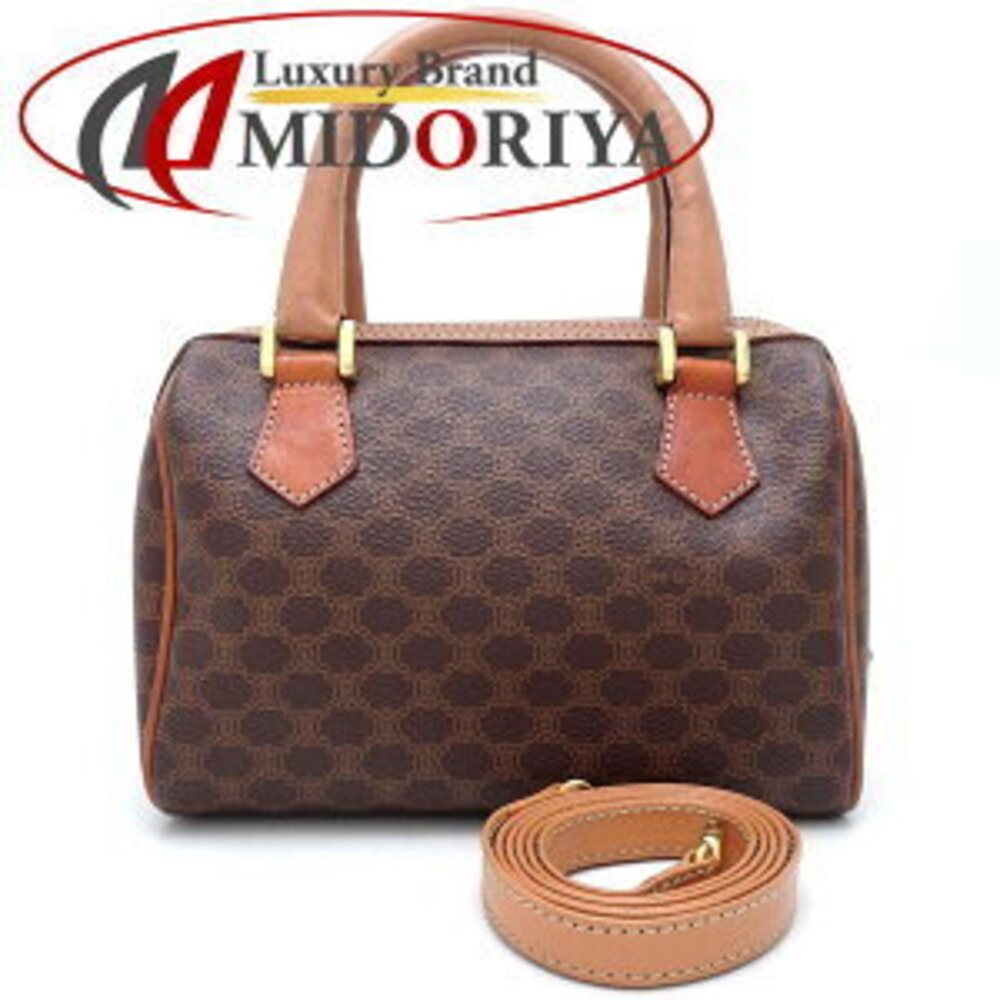 CELINE Boston Bag Macadam Canvas Leather Brown
